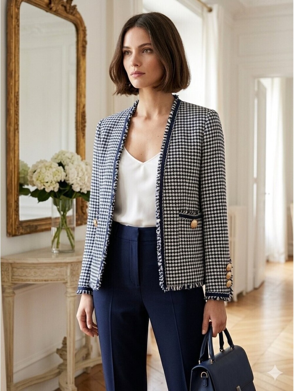 Zara Navy Blue Houndstooth Tweed Fringe Jacket Gold Lion Crest Button Blazer M